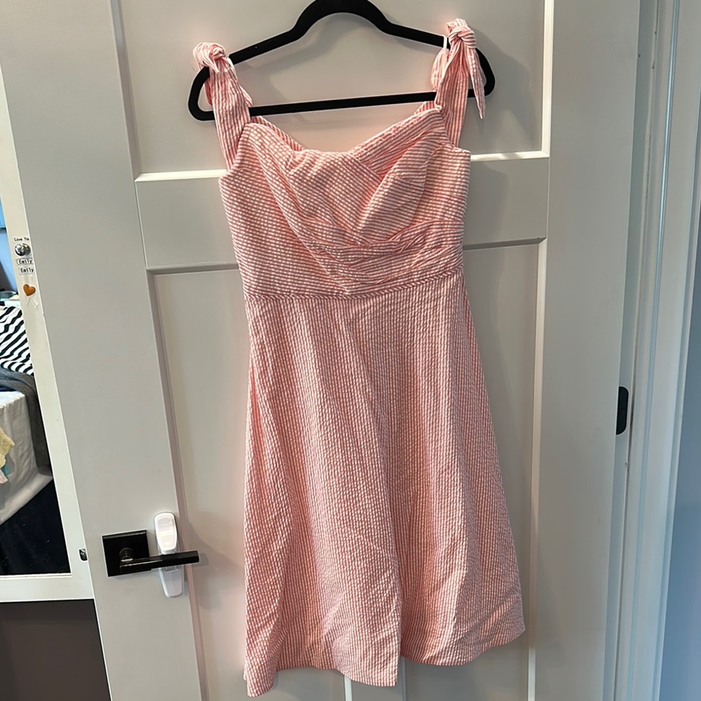 J. Crew Pink and White Seersucker Off the Shoulder Dress